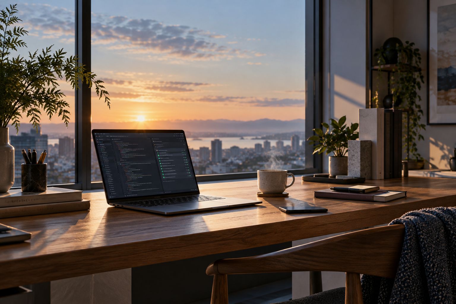 AI-generated illustration of a morning workspace with a code review on a laptop beside a coffee cup.